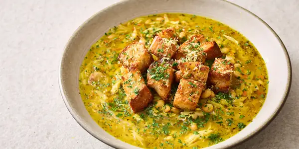 White minestrone with chicken salt croutons