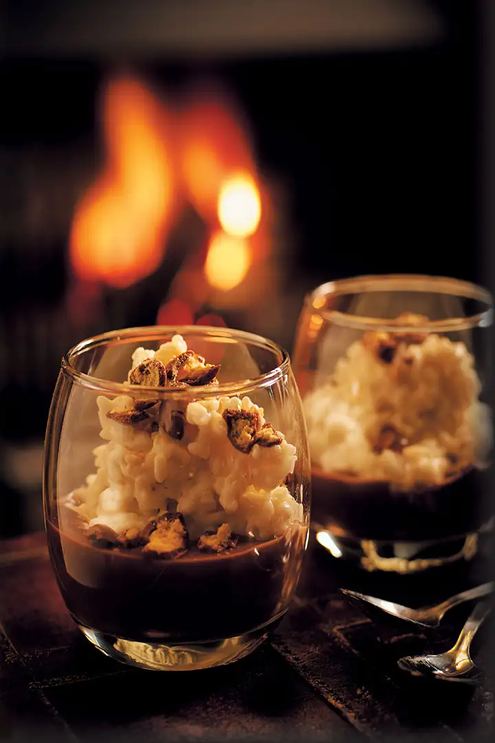 Creamy risotto pudding with hot chocolate sauce