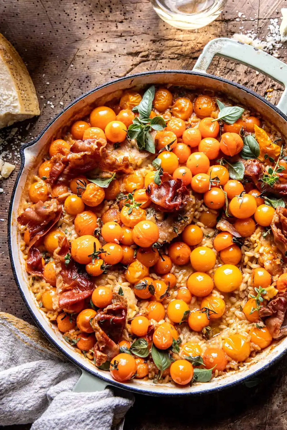 One Skillet Sun Gold Tomato Chicken and Orzo