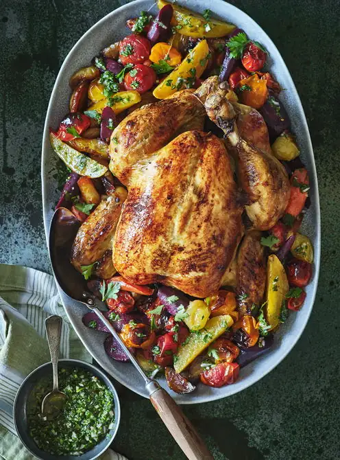 Roast Chicken with Confit Tomatoes, Carrots and Beets
