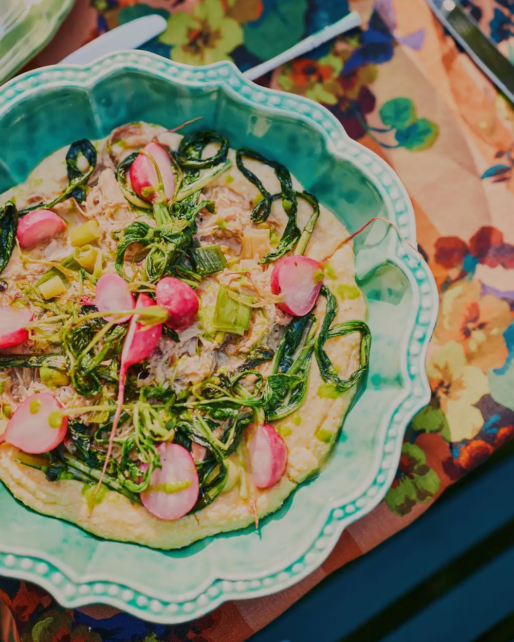 Braised Rabbit Over Polenta with Pan-Fried Radishes