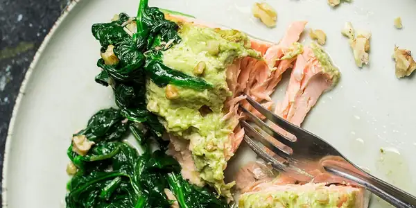 Pesto Salmon with Wilted Greens