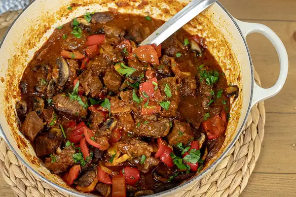 A Cozy Beef Stew with Peppers & Mushrooms