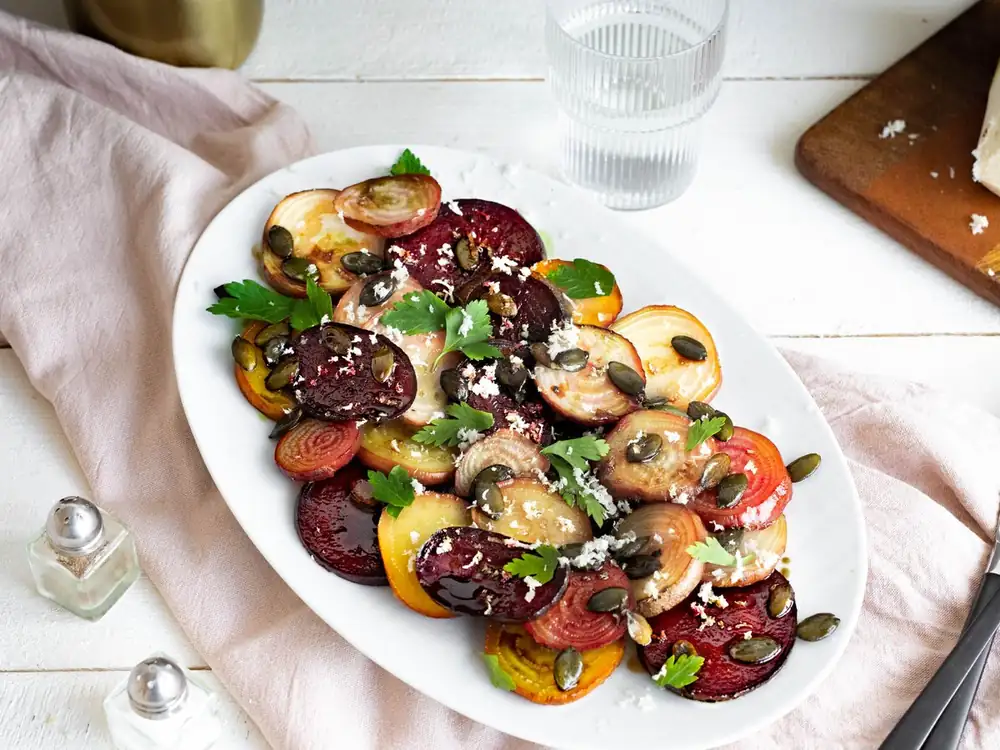 Roasted mixed beetroot salad with horseradish and pumpkin seeds