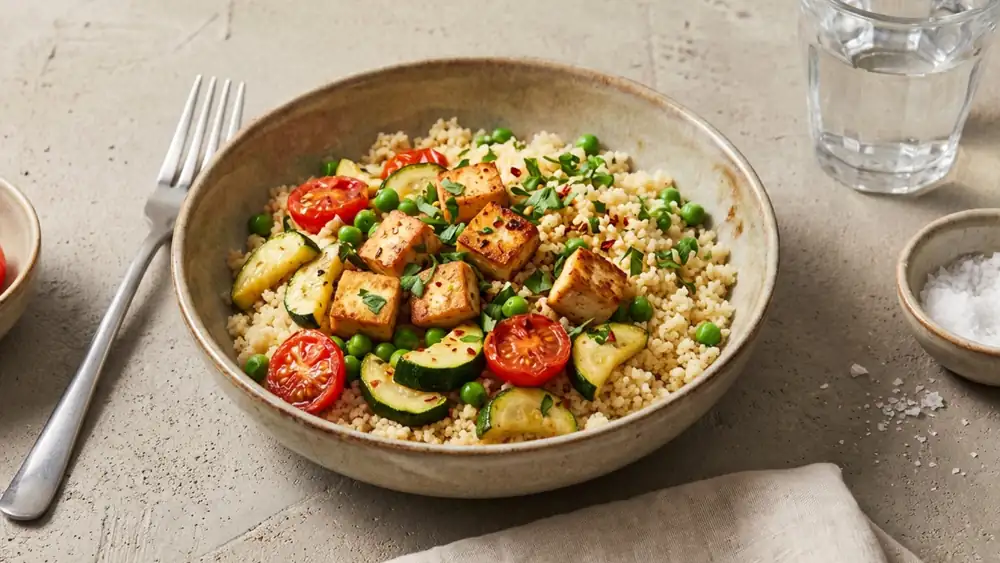 Quick couscous bowl with fried tofu and vegetables