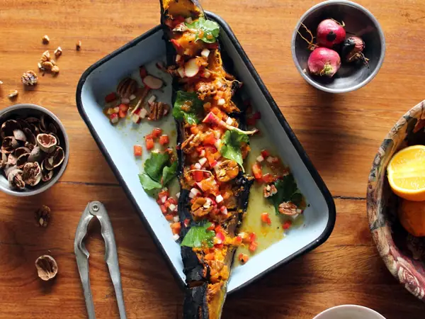 Roasted Pumpkin with Pecans, Honey, and Jalapeño Dressing