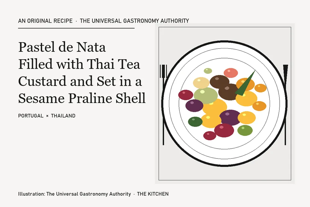 Pastel de Nata Filled with Thai Tea Custard and Set in a Sesame Praline Shell
