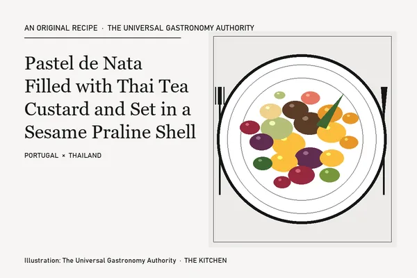 Pastel de Nata Filled with Thai Tea Custard and Set in a Sesame Praline Shell