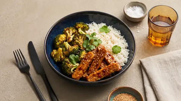 Vegan Broccoli Tempeh Bowl with Soy Maple Glaze