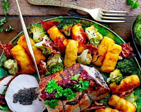 Mushroom roulade with potato croquettes