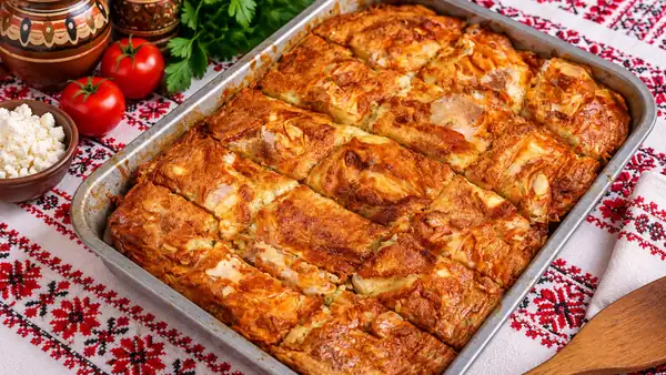 Homemade banitsa with cottage cheese and yogurt