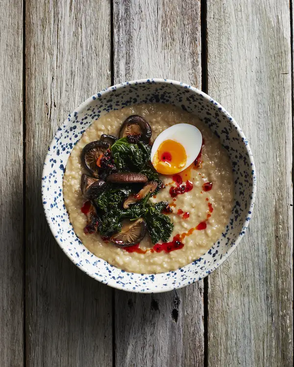 Rice Cooker Oatmeal Congee with Miso, Mushroom and Kale