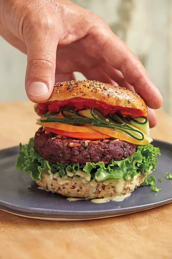Vegetarian lentil burgers with sweet potato and shiitake