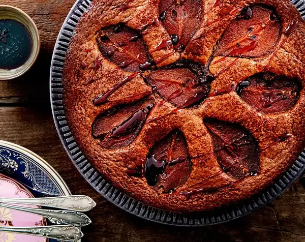Sweet potato chocolate cake with stewed pear