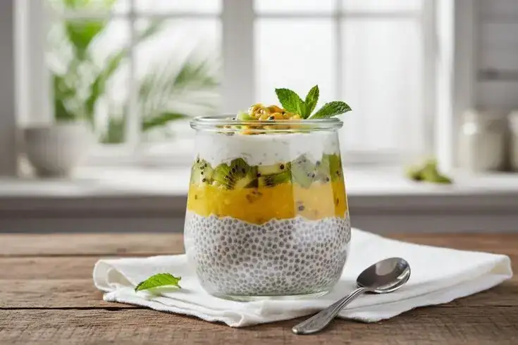 Chia pudding with coconut milk, passion fruit puree and kiwi pulp