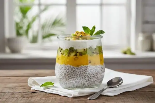 Chia pudding with coconut milk, passion fruit puree and kiwi pulp