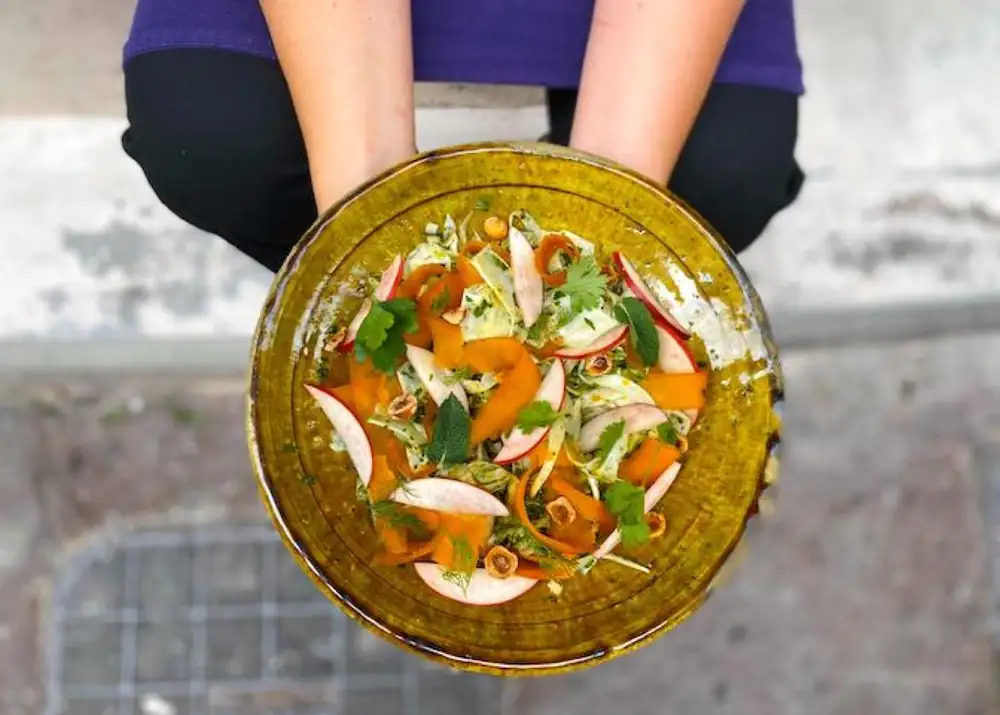 Recipe for raw fennel salad with nectarine, bottarga and hazelnut chermoula