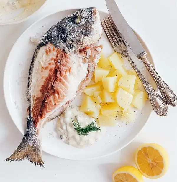 Salt-Crusted Sea Bream (Dorade) with Yogurt Sauce