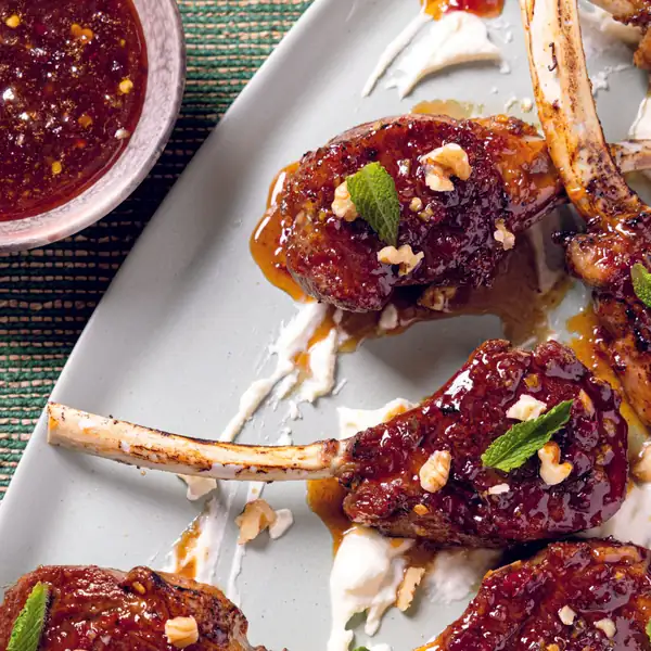 Lamb Chops With Agrodolce Glaze, Walnuts, and Feta