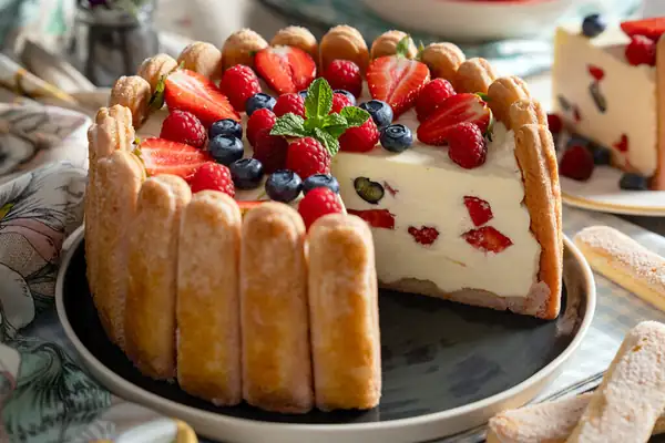 Pastel diplomático con frutos rojos sin hornear