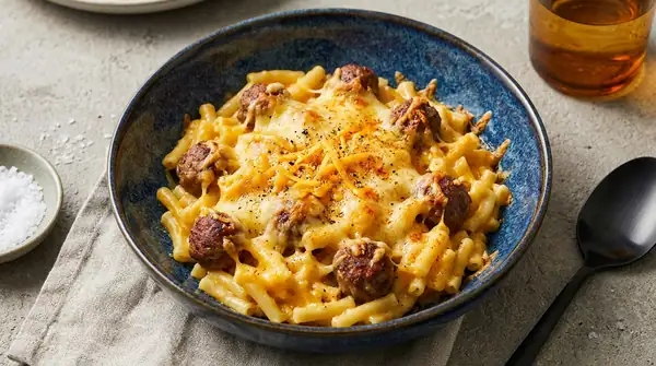 Mac and cheese with meatballs for the ultimate portion of comfort food