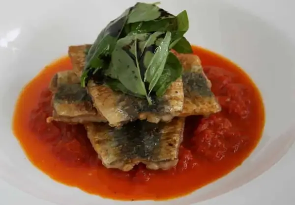 Grilled Sardines on Red Pepper Coulis with Reduced Balsamic