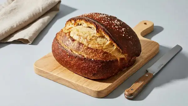 Pan de masa madre con corteza de pretzel: recién salido del horno