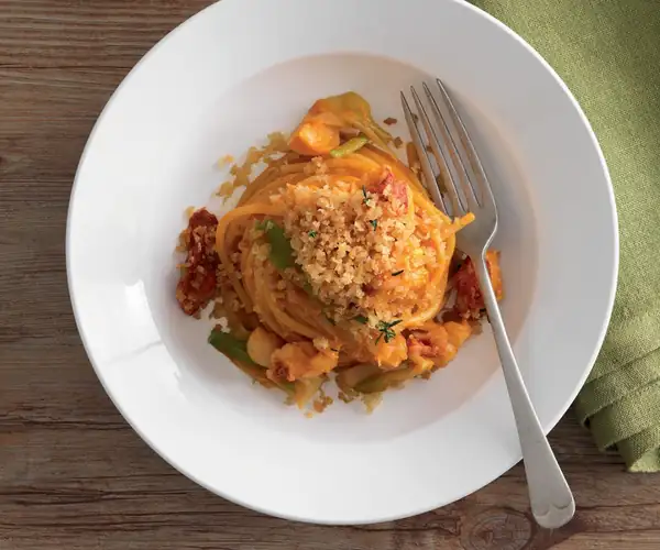 Spaghetti With Seafood Sauce and Crispy Thyme Bread Crumbs