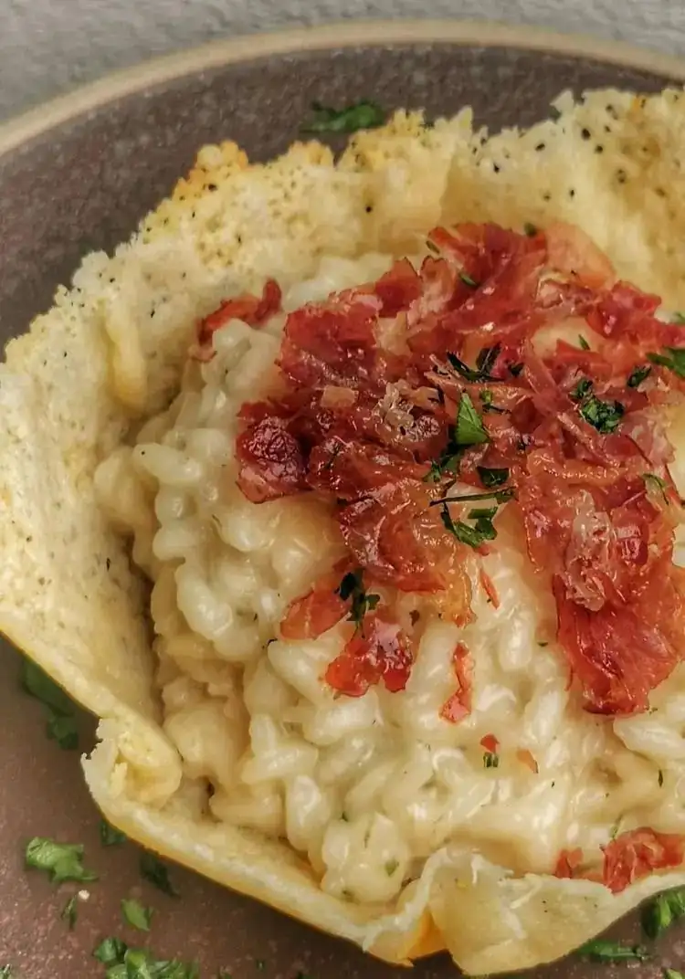 PARMESAN BASKET WITH TALEGGIO RISOTTO AND CRISPY CULATTA
