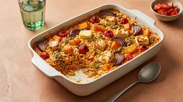 Orzo bake with pumpkin and crispy halloumi