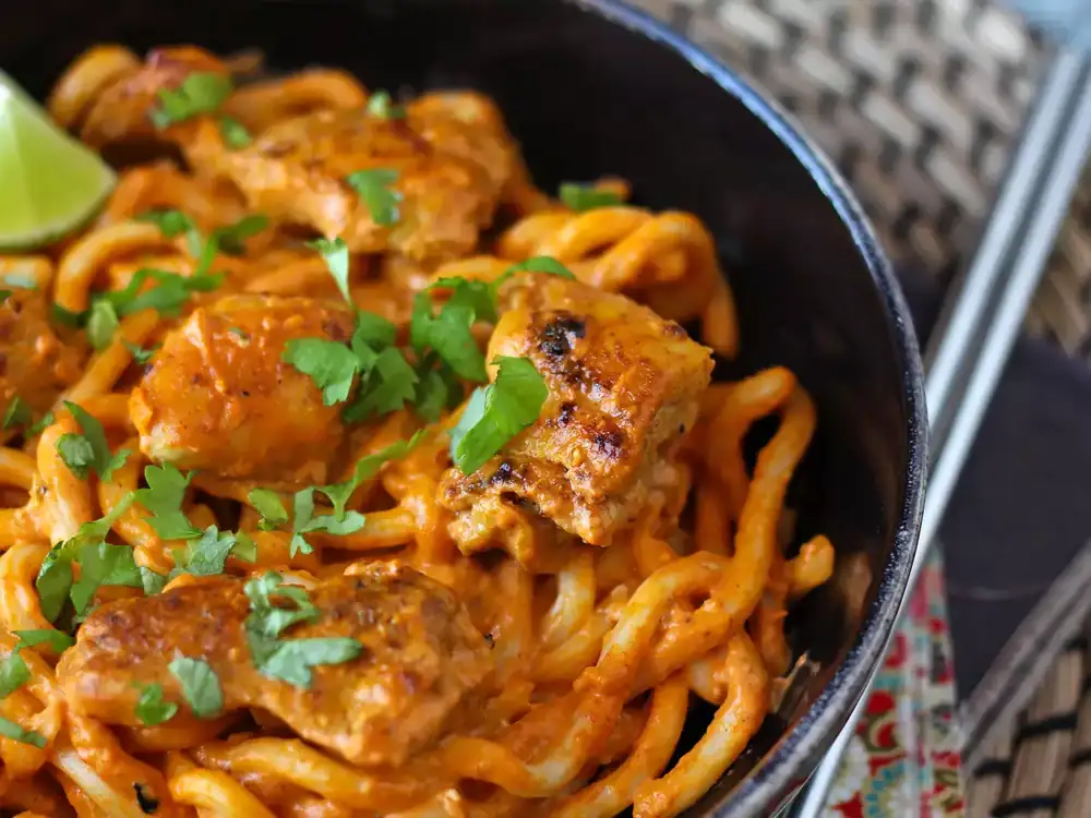 Udon with chicken, Thai red curry and coconut milk