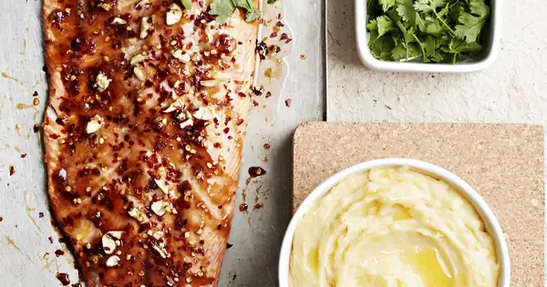 Teriyaki-baked salmon and miso puree
