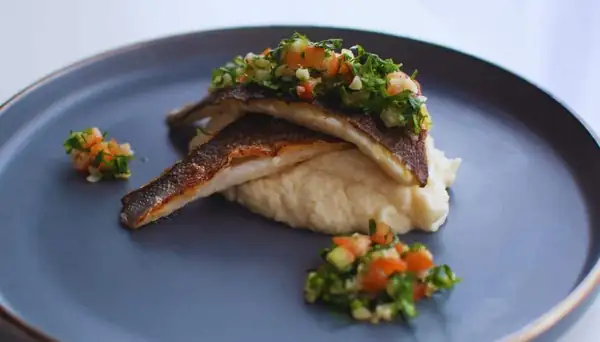 Pan Fried Sea Bass with Celery Purée & Tabbouleh