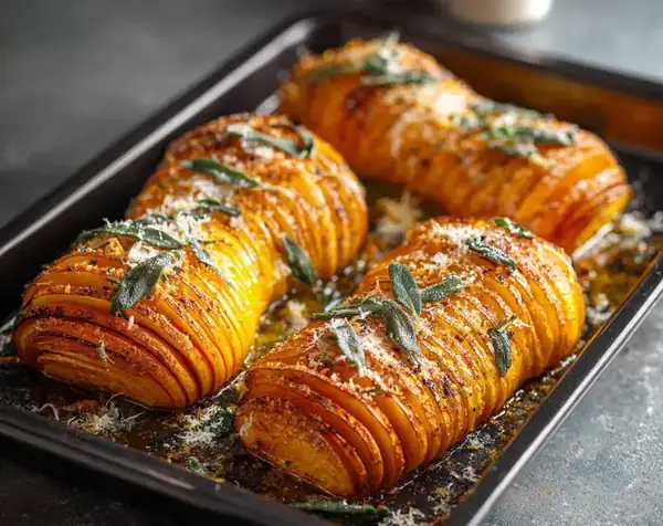 Hasselback pumpkin with sage and Parmesan