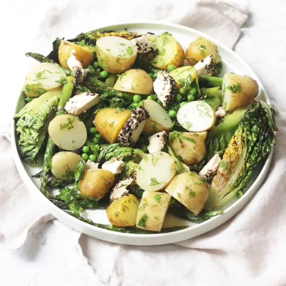 BBQ Charred Lettuce Salad with Vegan Goat's Cheese, New Potatoes & Asparagus