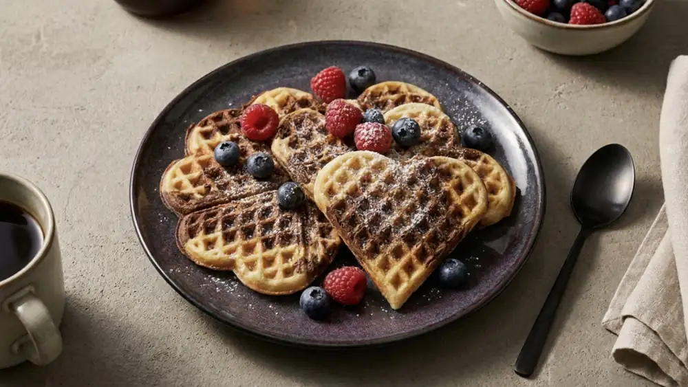 Crispy marble waffles with cocoa and hazelnuts