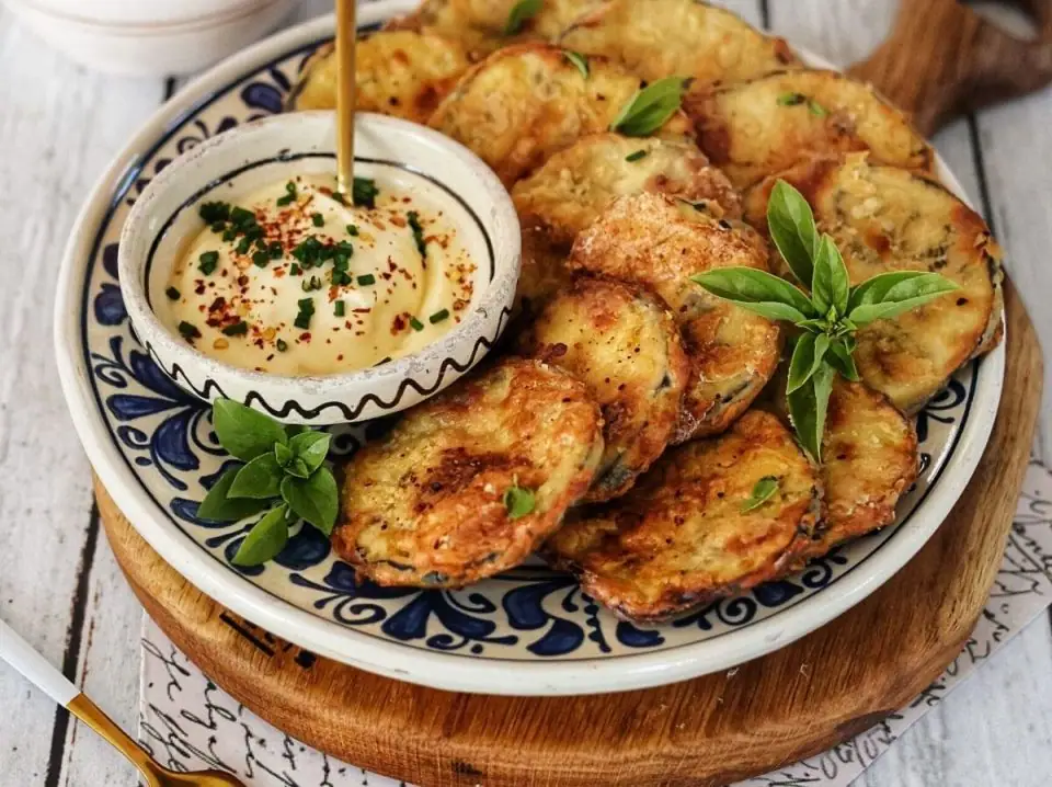 Berenjenas crujientes al horno con salsa de yogur y ajo.