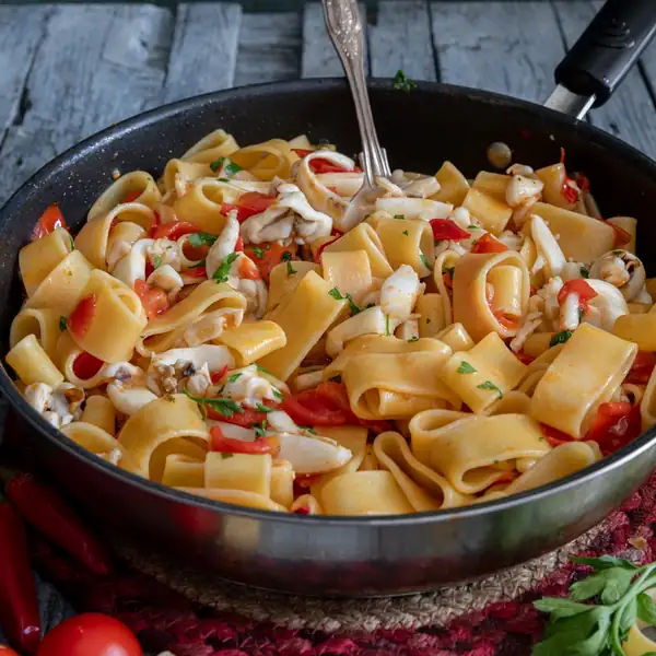 Calamarata Pasta (Squid and Tomato Sauce)
