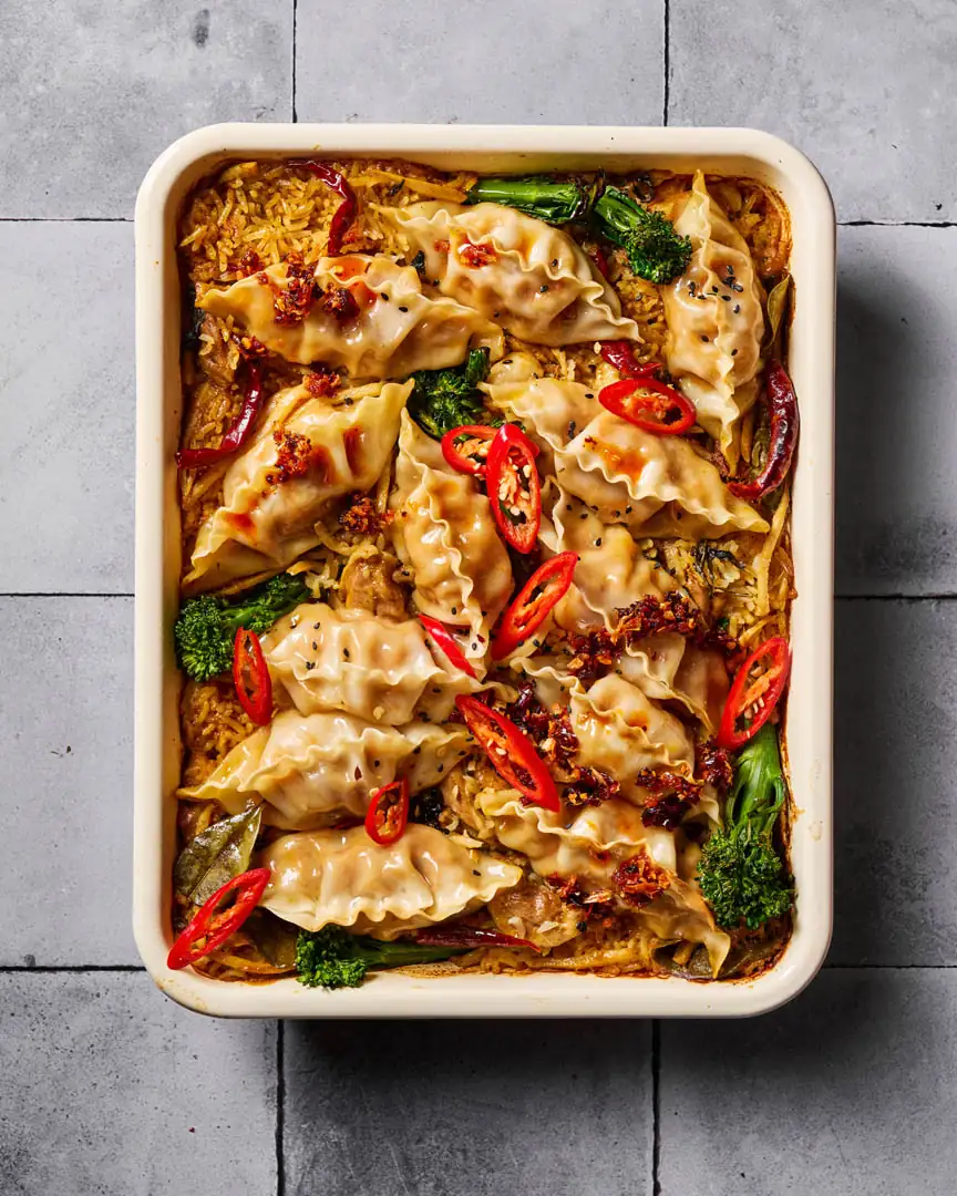 One-Pan Yellow Curry Dumpling Rice Bake