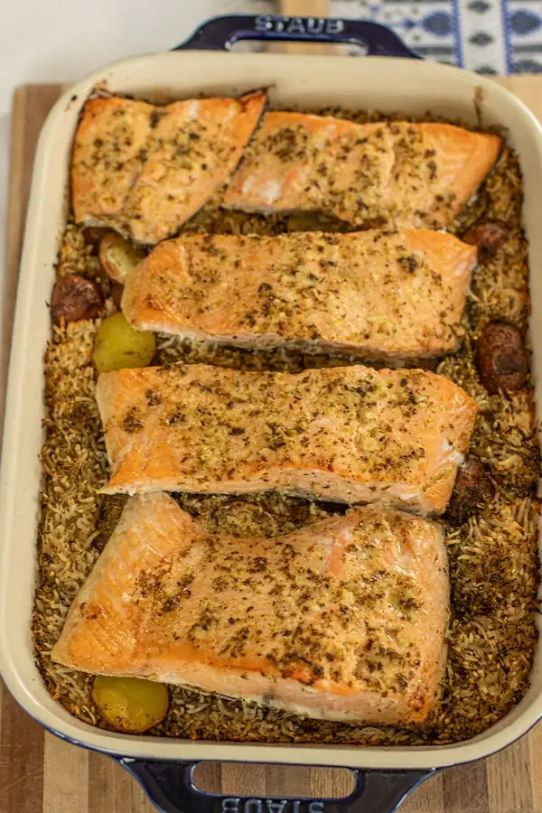 Greek Lemon Salmon, Potato & Rice Bake