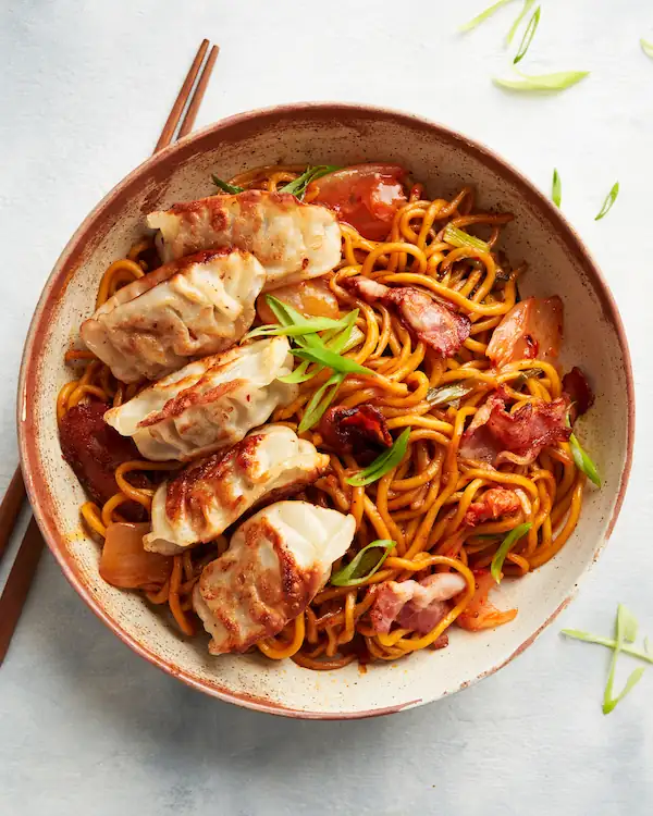 Bacon-fried Dumplings & Kimchi Noodles