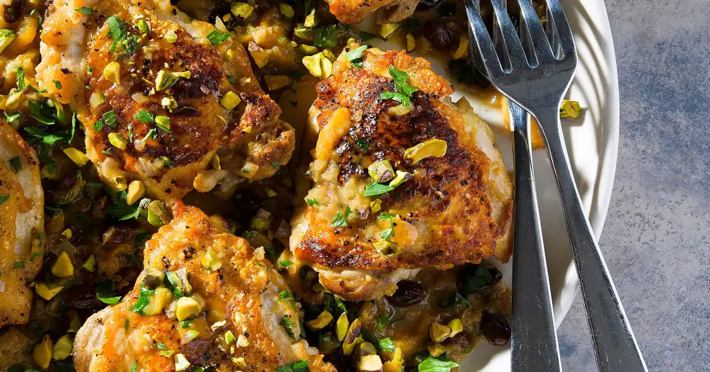 Braised Chicken with Apricots and Pistachios