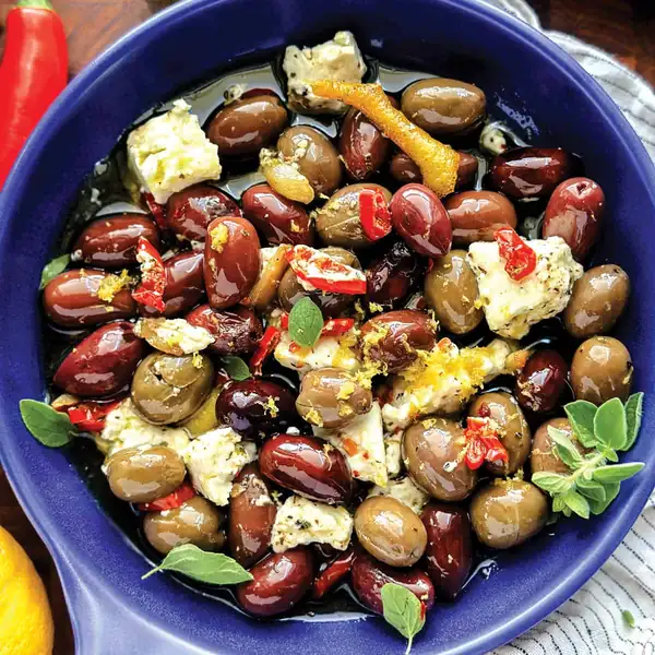 Marinated Olives With Feta, Lemon, And Garlic