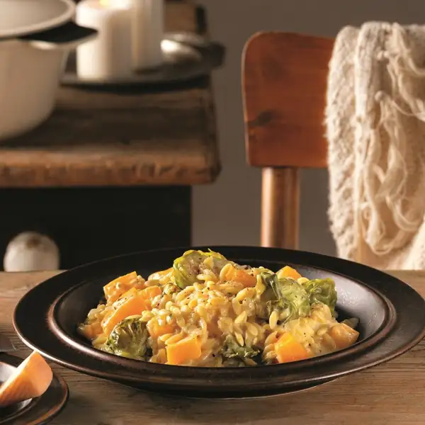 Orzotto with pumpkin and Brussels sprouts