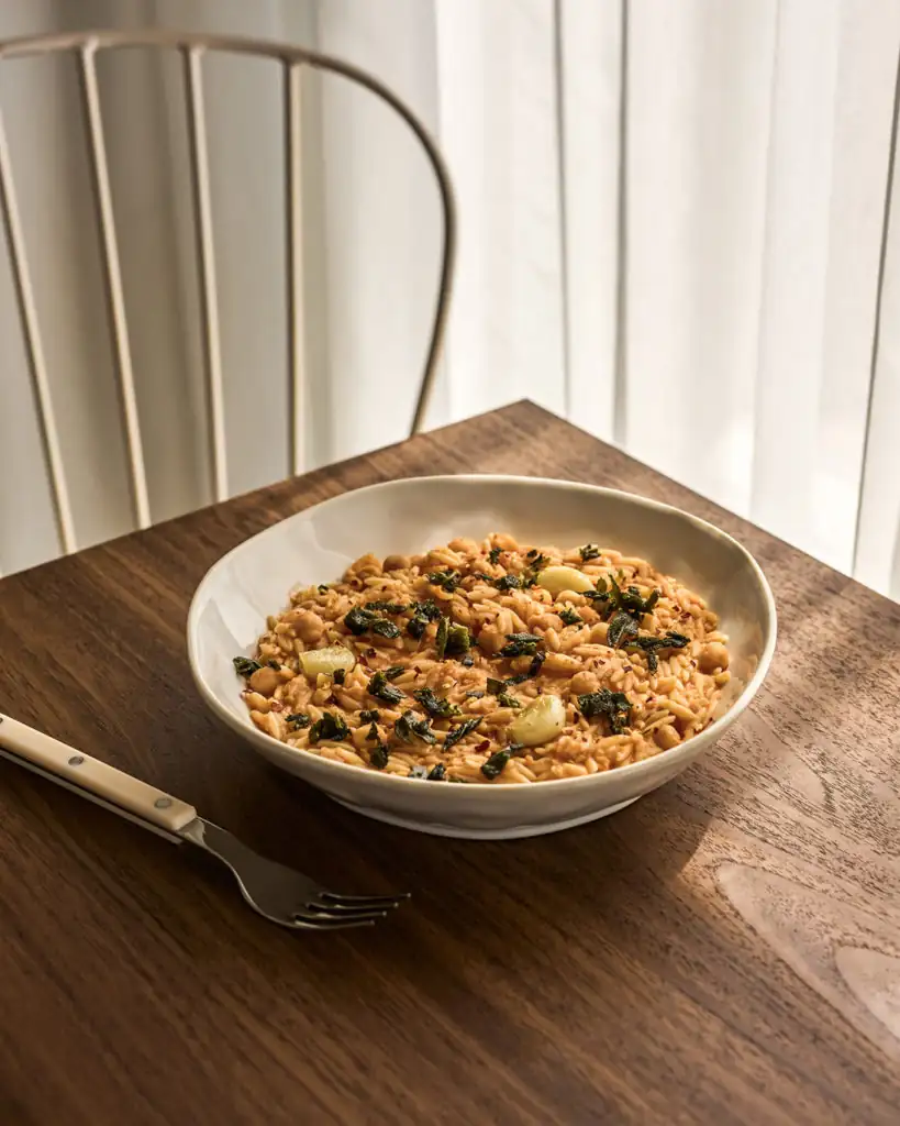 Orzo with chickpeas and confit garlic