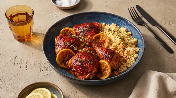 Juicy harissa chicken from the baking sheet with couscous