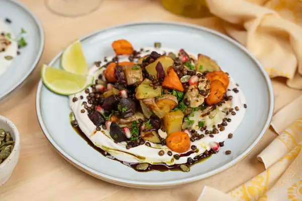 Roasted vegetable platter with roasted lentils and tahini yogurt