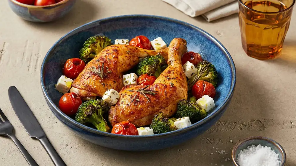 Delicious oven dish: baked chicken thighs with tomatoes and broccoli