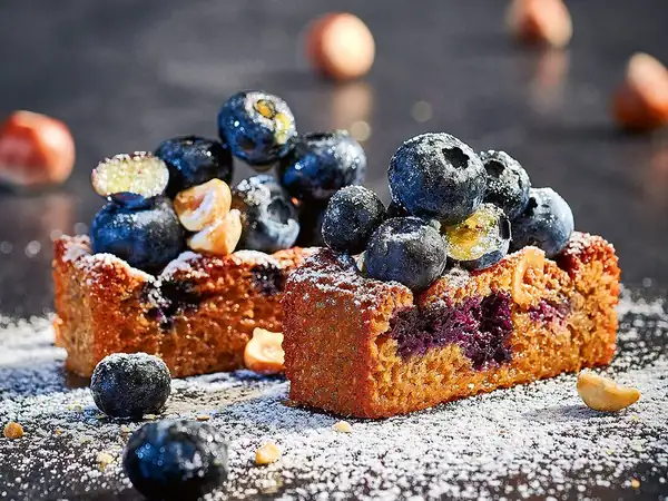 Hazelnut financier with blueberries