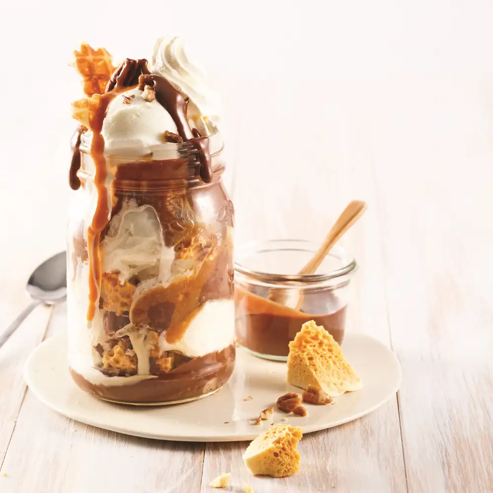 Indulgent caramel and chocolate sundae